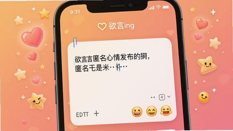 欲言ing匿名心情发布界面,手机屏幕显示一个编辑框,里面有文字输入和表情符号,背景是温暖的橙粉色渐变,周围漂浮着爱心和星星装饰,画面温馨治愈,适合社交应用功能展示