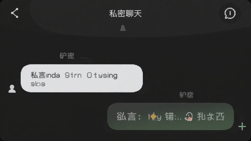 欲言ing私密聊天界面,手机屏幕显示两个聊天气泡,一左一右,背景是深灰色护眼模式,聊天气泡有柔和的圆角,整体风格沉稳安静,适合社交应用聊天功能展示