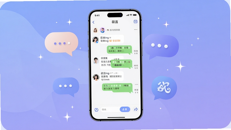 欲言ing软件主界面全貌展示图,画面中心为手机屏幕,屏幕内显示欲言ing的社交聊天界面,背景采用柔和的渐变蓝紫色调,周围点缀抽象的对话气泡和星光元素,整体风格清新现代,适配Boogu模型生成。