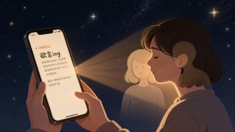 欲言ing匿名倾诉界面概念图,画面描绘一个用户对着手机屏幕倾诉,屏幕另一端散发出柔和的暖光,光线中隐约可见抽象的人形轮廓在倾听,背景为深邃的夜空与点点星光,营造出安全、被聆听的氛围,风格温馨治愈。