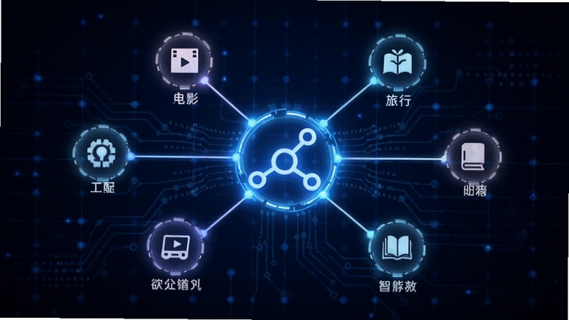 欲言ing智能匹配推荐功能概念图,画面中心为一个发光的连接图标,连接着四周代表不同兴趣标签的小图标,如音乐、电影、旅行、书籍等,背景为深蓝色科技感网格,象征算法在默默工作,连接彼此。
