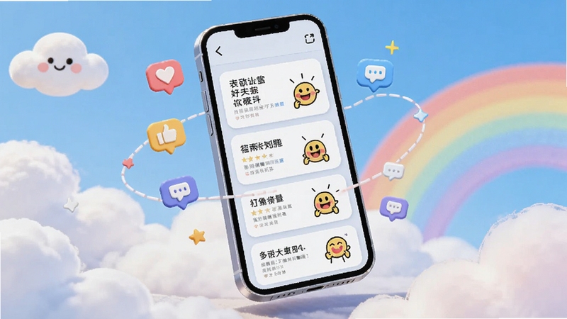 欲言ing心情广场页面示意图,画面为一个手机屏幕悬浮在云端,屏幕内展示瀑布流式的动态卡片,每张卡片上有文字和简笔画表情,屏幕周围环绕着点赞、评论的小图标,背景是柔和的云朵和彩虹,整体风格明快活泼。