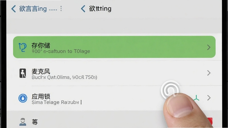 欲言ing设置与权限管理界面截图,画面为手机屏幕展示设置菜单,高亮显示存储、麦克风、应用锁等选项,背景为浅灰色,界面元素清晰,有手指点击的动画示意,风格简洁实用。