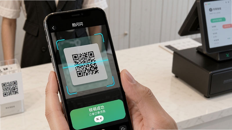 �������̼Ҷ˶�ά��������ܽ��棬�ֻ���Ļ��ʾɨ����׼һ�Ŷ�ά�뿨Ƭ����Ļ�·���ʾ�����ɹ���ʾ�붩�����飬����Ϊ����̨������������ɾ����䣬ͻ�����������ı����