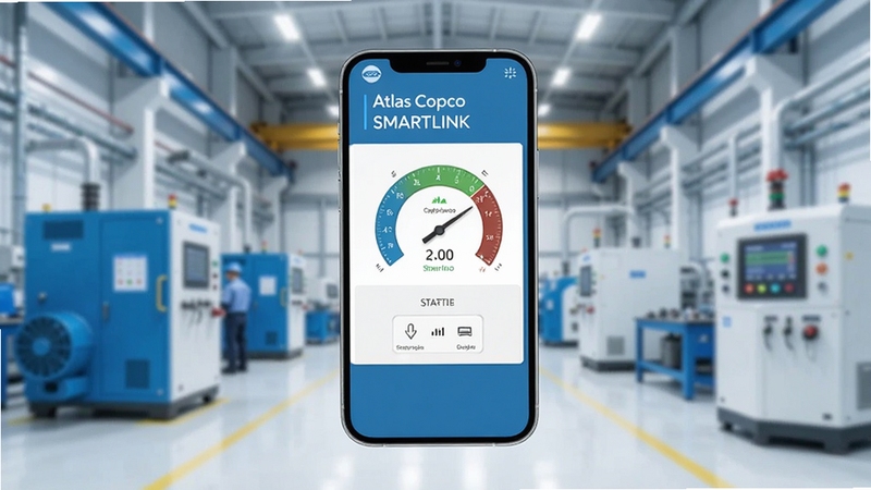 Atlas Copco SMARTLINK �����������棬�ֻ���Ļ��ʾ��ѹ������״̬�Ǳ��̣�����Ϊ�ִ����������䣬������ɫ�Ƽ��У���������Ϊ�ֻ����У������黯������Booguģ������