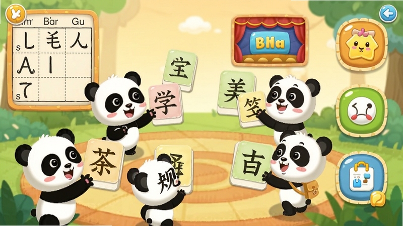 宝宝巴士汉字应用主界面全景展示,画面中央是色彩明快的卡通汉字乐园场景,多个可爱的熊猫宝宝角色正在与漂浮的汉字卡片互动,背景区域分布着拼音田字格、动画剧场、识字游戏入口图标,整体风格活泼童趣,适合学龄前儿童,高清数字插画质感,柔和暖色调,构图饱满均衡