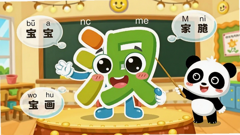 宝宝巴士汉字动画识字课堂界面,画面中央是巨大的汉字以卡通拟人形象站立在舞台中央,周围环绕着拼音标注和组词气泡,背景是温馨的教室场景,熊猫宝宝老师正在用教鞭指向汉字,整体风格明亮活泼,适合儿童教育场景,高清矢量插画质感