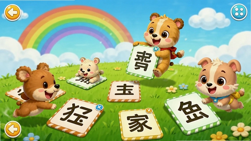 宝宝巴士汉字互动识字游戏场景,画面展示多个汉字卡片散落在草地上,卡通小动物角色正在跳跃着收集正确的汉字卡片,背景有彩虹和云朵,画面充满动感与欢乐气氛,适合儿童游戏界面风格,高清数字绘画质感