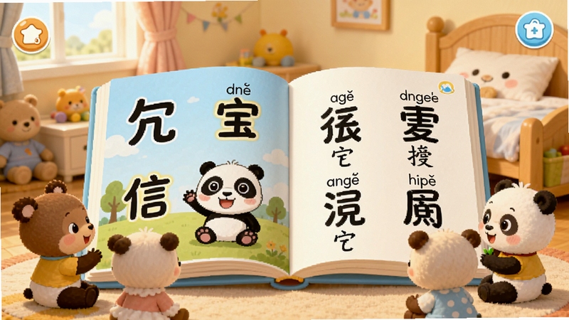 宝宝巴士汉字绘本故事阅读界面,画面展示一本打开的卡通绘本,左侧页面是汉字插画,右侧页面是汉字和拼音标注,熊猫宝宝和朋友们围坐在周围听故事,背景是温馨的儿童卧室,整体色调柔和温暖,适合儿童阅读场景,高清绘本插画风格