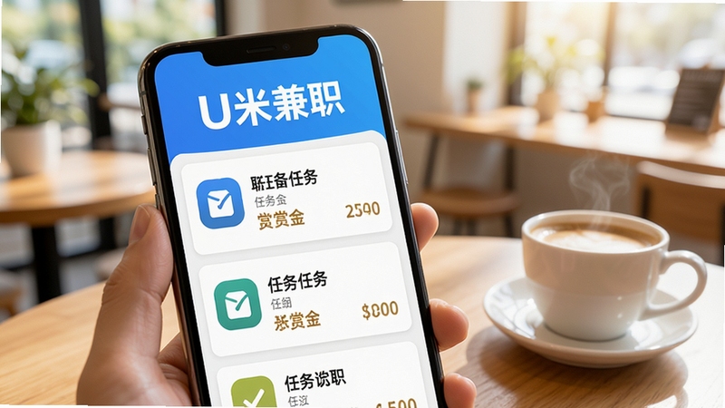 U米兼职任务大厅界面,画面主体为手机屏幕显示多条任务卡片,每条卡片包含任务图标、名称与赏金金额,背景为明亮的室内环境,桌面上放置一杯咖啡,营造轻松做任务的氛围,屏幕上方醒目展示U米兼职文字标识