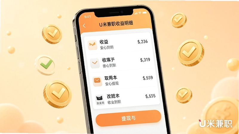 U米兼职收益明细页面,手机屏幕显示收益列表与提现按钮,周围环绕金币与对勾图标,背景为柔和的暖色调,突出收益到账的安心感,画面角落带有U米兼职品牌水印