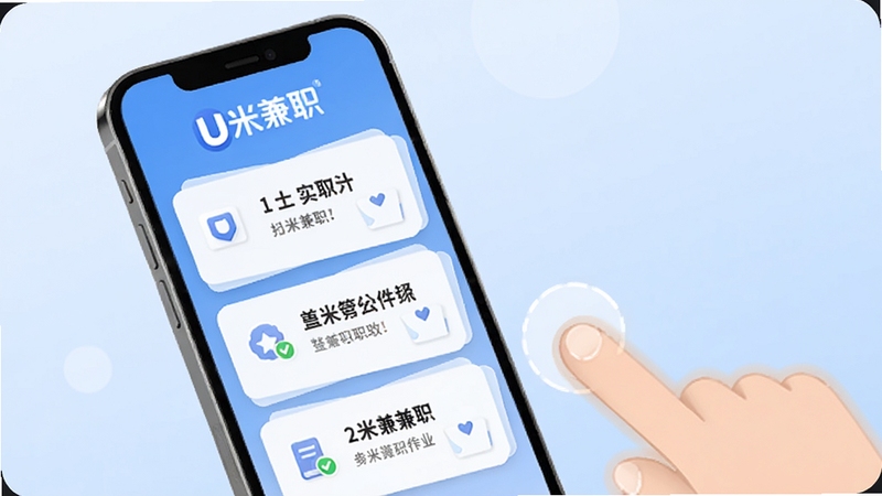 U米兼职新手引导界面,画面展示手机屏幕上的步骤提示卡片,旁边有手指点击屏幕的示意动作,背景为淡蓝色渐变,整体风格简洁友好,屏幕内可见U米兼职标志