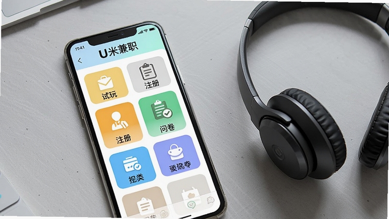 U米兼职任务分类导航界面,手机屏幕显示多个分类标签与图标,如试玩、注册、问卷等,背景为浅灰色质感桌面,旁边放置一副耳机,体现专注做任务的场景,屏幕顶部显示U米兼职名称