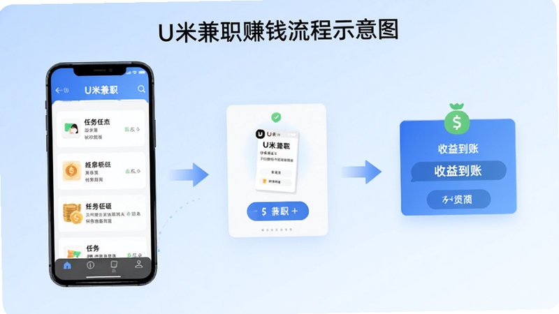 U米兼职赚钱流程示意图,画面以信息图形式展示从领取任务到提现的完整步骤,手机屏幕内呈现任务列表与收益到账提示,背景为浅蓝色渐变,整体风格简洁直观,带有U米兼职品牌元素