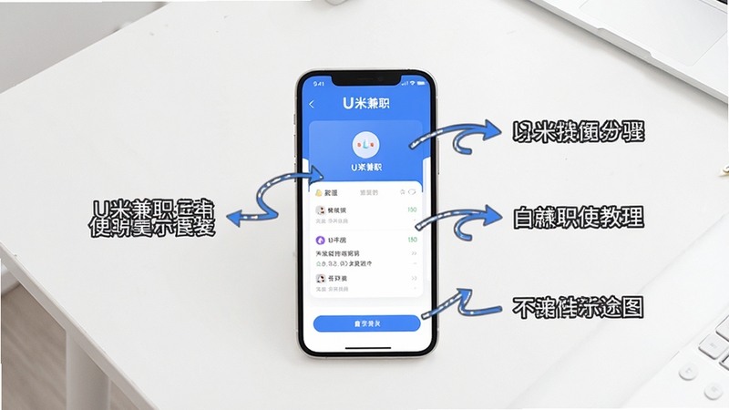 U米兼职使用教程示意图,画面展示手机屏幕上的操作步骤分解,旁边配有文字标注与箭头指引,背景为干净的白色桌面,整体风格清晰专业,屏幕内可见U米兼职界面元素