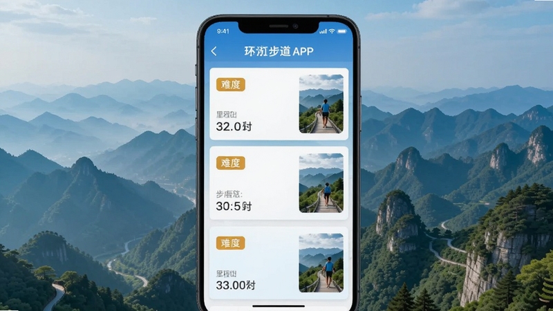 ���㲽��APP·���б�ҳ�棬�ֻ���Ļ��ʾ��������·�߿�Ƭ����Ƭ�����Ѷȱ�ǩ��������ֺ�����ͼ�������ǲ��͵��ֵ��㽭ɽˮ��⣬��������ˬ���