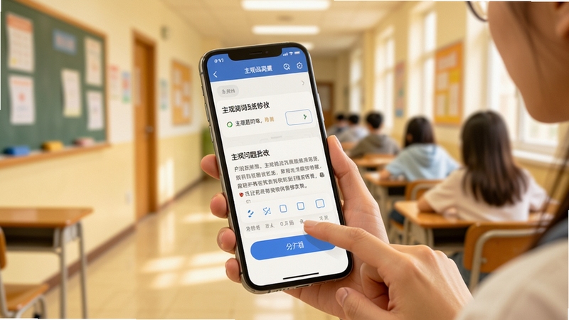 A佳老师手机阅卷功能展示图,画面主体为一只手持智能手机,屏幕显示主观题批改界面,手指正在点击打分按钮,背景为虚化的教室走廊,色调温暖明亮,突出移动阅卷的便捷感