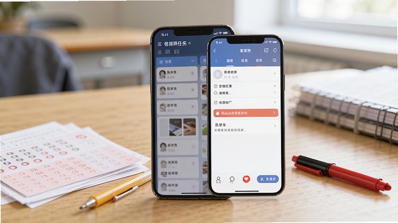 A佳老师软件主界面展示,画面中央放置一部智能手机,屏幕显示阅卷任务列表和批改界面,背景为教室办公桌场景,桌面上有答题卡和红笔,光线明亮柔和,整体风格简洁专业,适配教育类软件宣传图