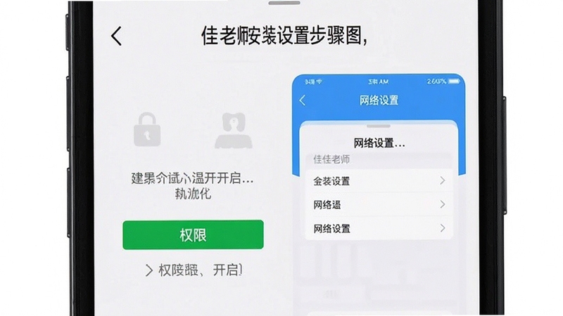 A佳老师安装设置步骤示意图,画面为手机屏幕截图风格,展示权限开启和网络设置界面,背景简洁白色,突出操作步骤的清晰感