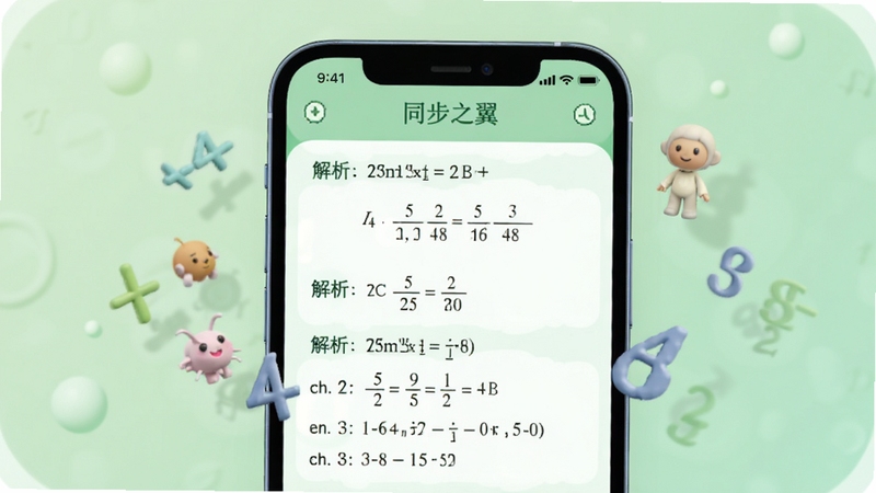 数学之翼同步练习界面,手机屏幕显示小学五年级数学分数加减法题目与解析步骤,背景区域为柔和绿色护眼色调,画面主体为手机与悬浮的数学符号,Boogu模型生成