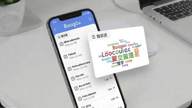 数学之翼错题本功能界面,手机屏幕显示错题列表与知识点标签云,背景区域为浅灰色办公桌面,画面主体为手机与悬浮的错题卡片,Boogu模型生成