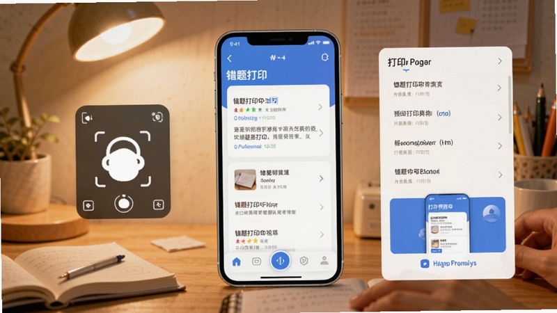 错题打印机 软件主界面与错题整理功能全景图,画面中央展示手机屏幕中错题打印机应用首页,左侧悬浮拍照识别按钮,右侧显示已归类错题列表与打印预览卡片,背景为温馨书桌场景,暖色调光线,科技感与学习氛围融合,Boogu模型生成