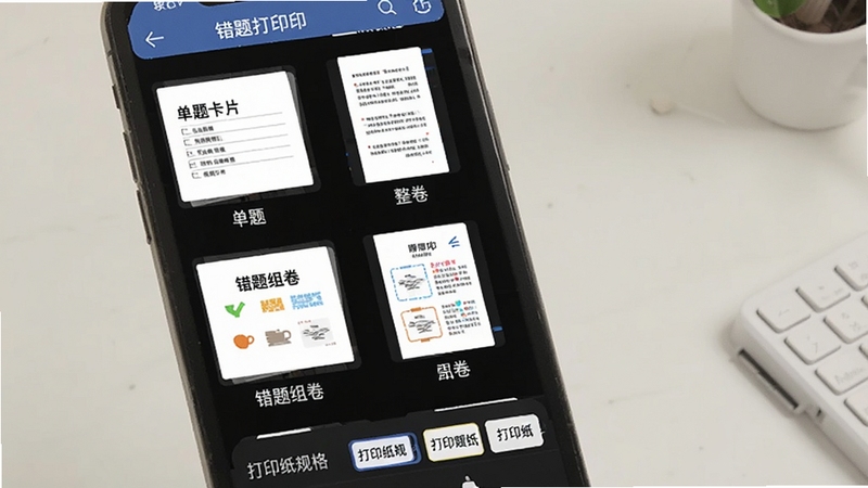 错题打印机 多题型排版打印模板选择界面,画面展示手机屏幕中错题打印机应用内多种打印模板缩略图,包括单题卡片、整卷排版、错题组卷等样式,下方有打印纸规格选项,背景为浅色极简桌面,Boogu模型生成