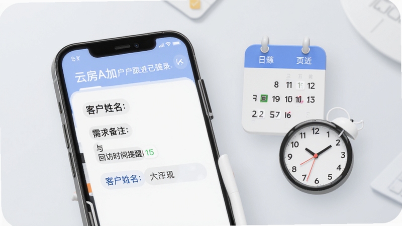 云房A加客户跟进记录页面,手机界面显示客户姓名、需求备注与回访时间提醒,旁边有日历和时钟元素点缀,背景为柔和的浅灰色调,突出办公效率主题