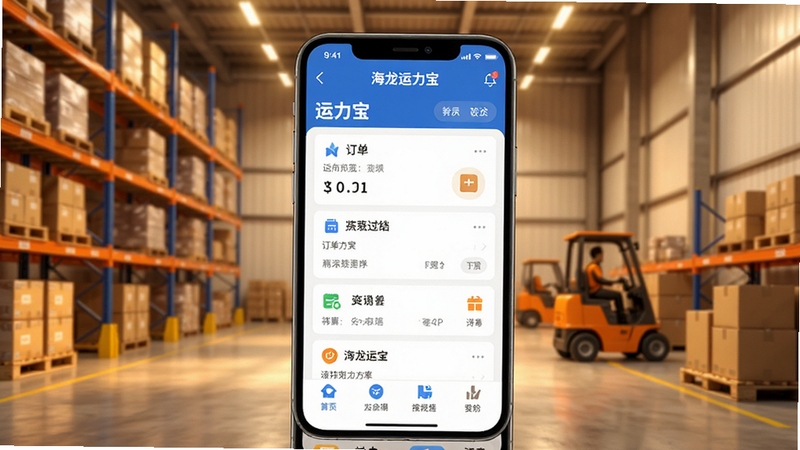 海龙运力宝软件主界面全貌展示,画面中央为手机屏幕呈现运力宝APP首页的订单列表和功能图标,背景区域为简洁的物流仓库场景,暖色调光线,写实风格,高清细节,适合软件下载站展示用图