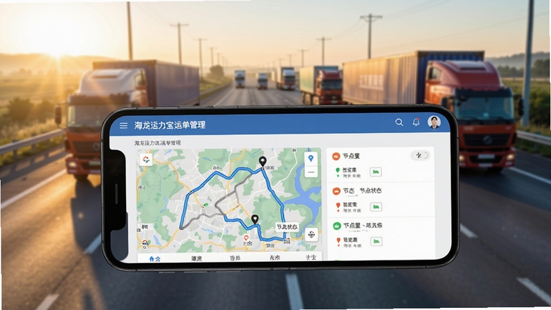 海龙运力宝运单管理界面展示,画面中心为手机屏幕呈现运单详情页包含地图路线和节点状态,背景区域为高速公路货运场景,晨光照射,写实风格突出运单管理功能细节