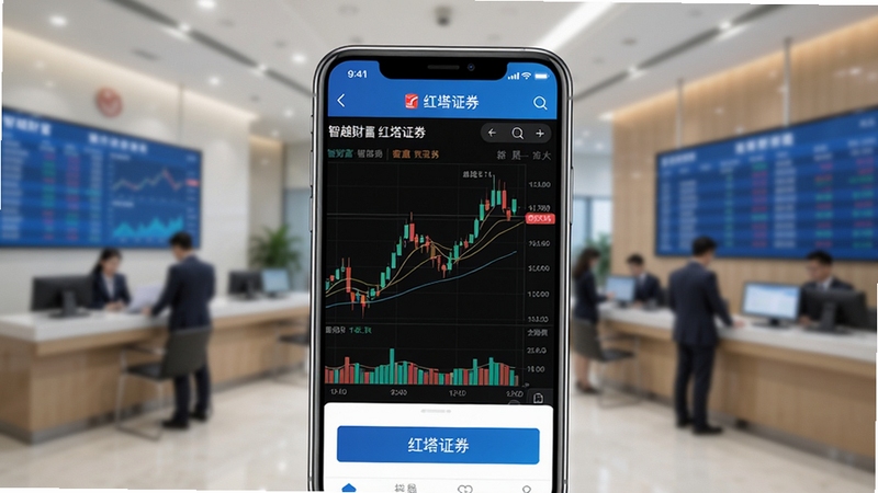 智越财富 红塔证券 手机应用界面 主屏幕 行情数据显示 背景为简洁的金融蓝白配色 画面主体为手机屏幕 屏幕内展示股票K线图与交易按钮 背景区域为虚化的证券营业厅场景 高清写实风格