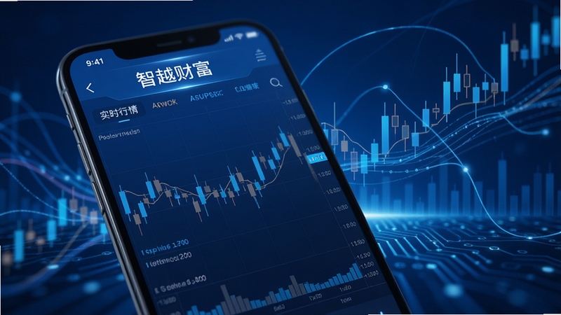 智越财富 实时行情 K线图 手机界面 蓝色主题 数据图表清晰 背景为抽象金融线条 科技感十足