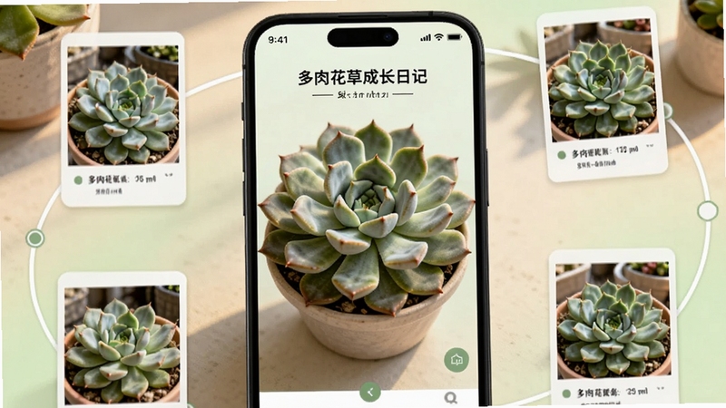 一款名为多肉花草成长日记的手机应用界面,画面中央是一盆饱满的拟石莲花属多肉,周围环绕着时间轴相册卡片,每张卡片展示多肉不同生长阶段的照片,背景是柔和的浅绿色渐变,桌面整洁,光线温暖自然,风格清新写实