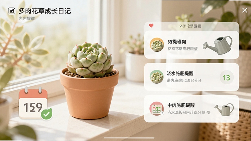 多肉花草成长日记应用内提醒设置界面,画面展示一盆桃蛋多肉放在窗台,旁边有日历图标和浇水壶,界面以卡片形式列出浇水施肥提醒,背景是明亮的室内环境,色调柔和,细节清晰