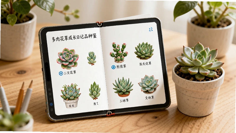 多肉花草成长日记品种图鉴页面,画面中心是一本翻开的电子图鉴,页面上有虹之玉、熊童子、玉露等多肉插图,旁边放着一盆真实的多肉盆栽,背景是木质桌面和绿植,风格温馨自然