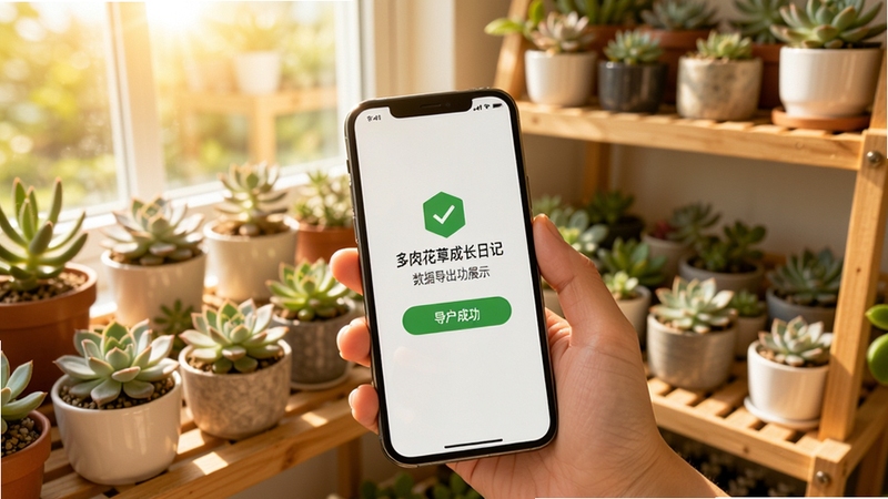 多肉花草成长日记数据导出功能展示,画面中一只手拿着手机,屏幕上显示导出成功的提示,背景是摆满多肉的花架,阳光透过窗户洒入,整体氛围轻松愉悦