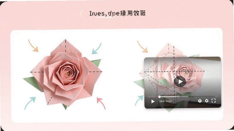 折纸应用内页展示折纸玫瑰花的详细步骤图解,画面中有虚线折痕和箭头指示,旁边悬浮一个小视频播放窗口,整体色调为柔和的粉色和白色,突出教学细节