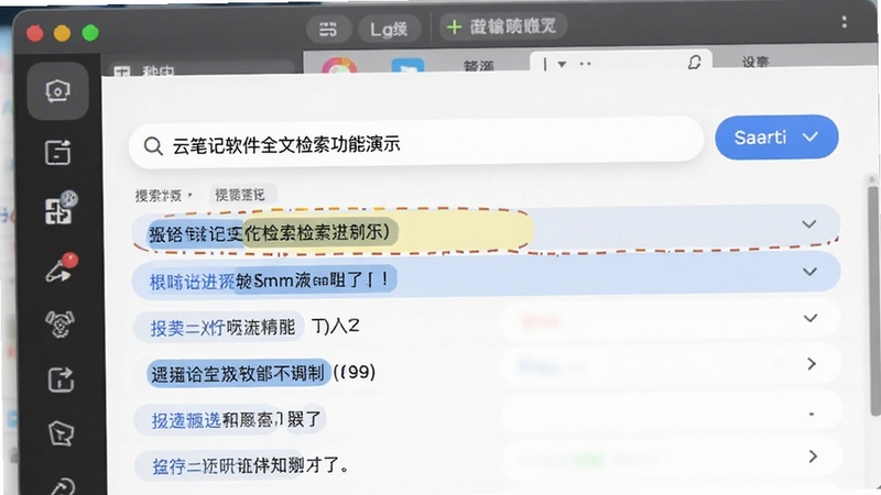 云笔记软件全文检索功能演示,搜索框输入关键词后列表高亮匹配结果