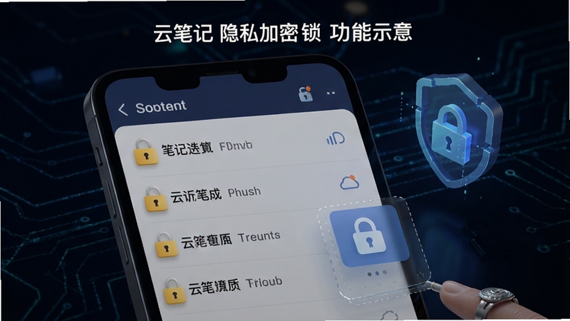 云笔记隐私加密锁功能示意,笔记列表显示锁定图标,背景为深色安全主题