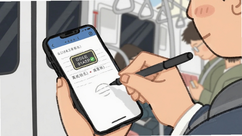 云笔记离线记录场景插画,地铁车厢内用户用手机记录文字,屏幕显示离线状态标识