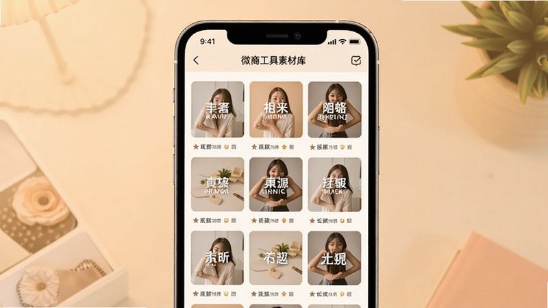 微商工具素材库界面,手机屏幕展示图片和文案缩略图网格,背景为柔和暖色调,突出素材丰富感