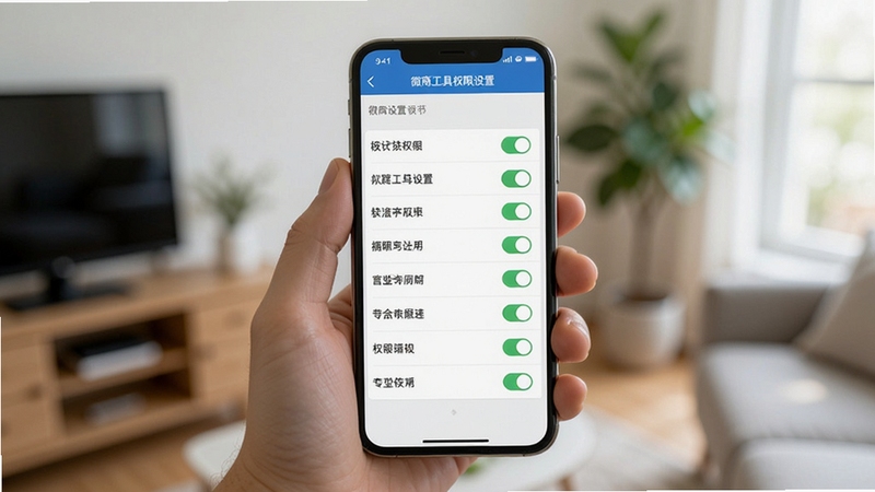 微商工具权限设置界面,手机屏幕展示权限开关列表,背景为室内手持手机场景,光线自然