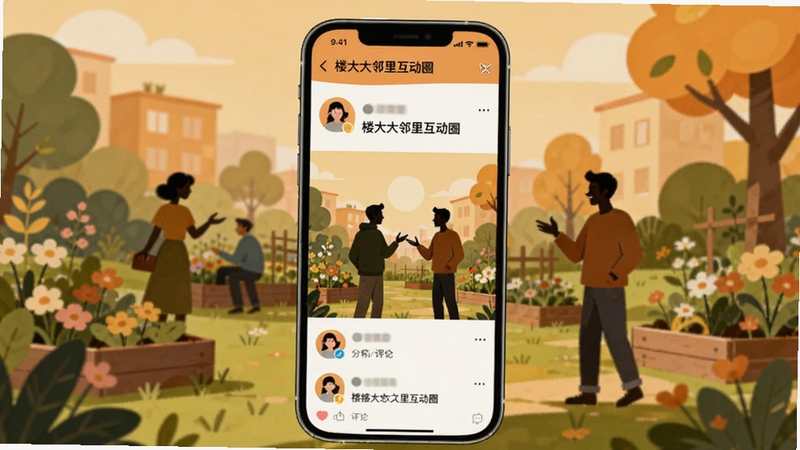楼大大邻里互动圈页面,手机屏幕展示邻居发布的动态与评论,背景为社区花园场景,人物剪影互动,温暖色调,扁平插画风格,适配Boogu模型生成