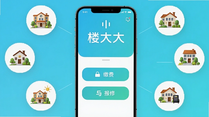 楼大大智慧社区服务界面,手机屏幕显示物业缴费与报修按钮,周围环绕社区场景图标,明亮简洁的UI风格,突出楼大大应用名称,适配Boogu模型生成