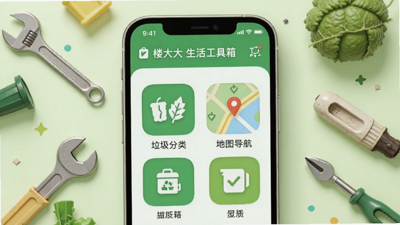 楼大大生活工具箱界面,手机屏幕展示垃圾分类与地图导航图标,周围环绕工具元素,清新绿色调,适配Boogu模型生成