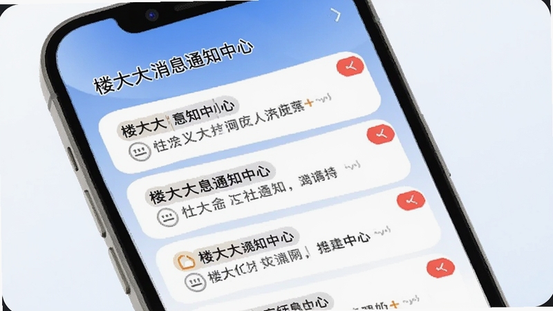 楼大大消息通知中心,手机屏幕显示多条社区公告卡片,带有红色未读标记,背景为简洁的白色与浅蓝色渐变,适配Boogu模型生成