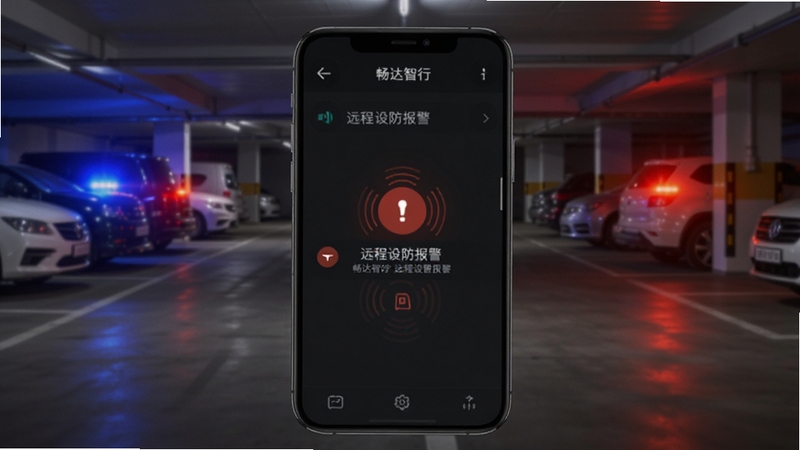 畅达智行远程设防报警界面,手机屏幕弹出震动报警通知,背景为夜间停车场,画面带有警示光效