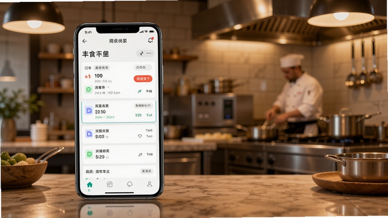 丰食商家端应用主界面全貌展示,画面中央放置一部智能手机,屏幕显示商家端订单列表与数据看板,背景为暖色调餐厅后厨环境,柔和光线,商务简约风格,高清细节,适合软件下载站配图