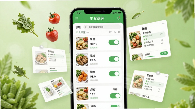 丰食商家端菜品管理页面,手机屏幕展示菜品列表与库存开关按钮,画面中有新鲜食材与菜单卡片漂浮,背景为清新绿色调,简洁明快的UI风格,体现库存管理功能