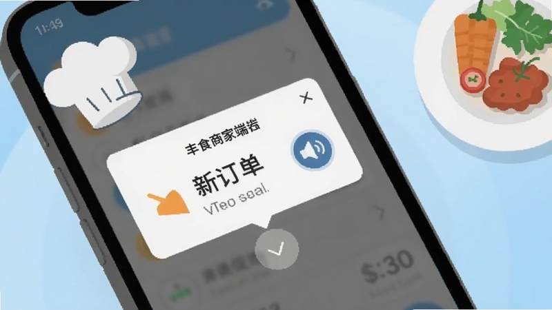 丰食商家端订单提醒功能界面特写,手机屏幕显示新订单弹窗与语音提醒图标,旁边有厨师帽与餐盘元素点缀,背景为浅蓝色渐变,扁平化设计风格,突出订单处理场景